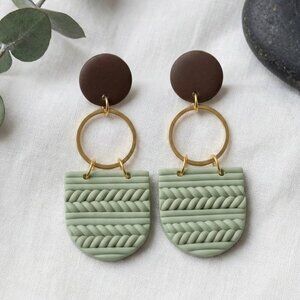 Sage Green Polymer Clay Wood Dangle Earrings Gold Plated Sterling Silver Posts
